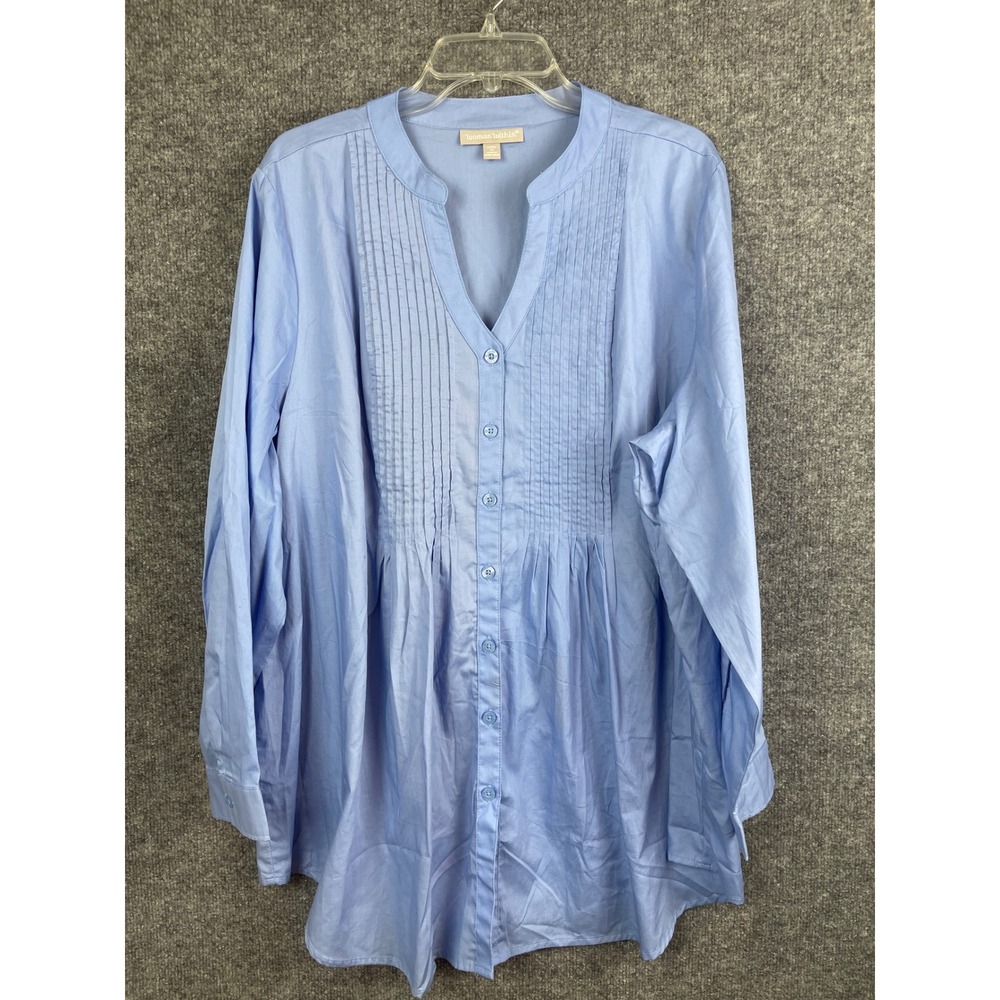 Woman Within Pintuck Tunic Women 1X 22/24 Blue Excellent Long Sleeve Blouse